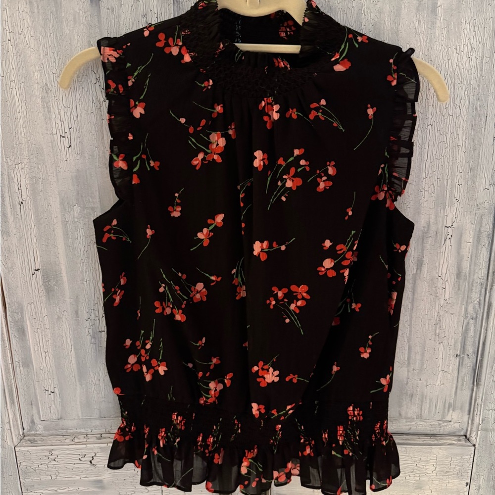 J. Crew Black Top with Red Floral Design